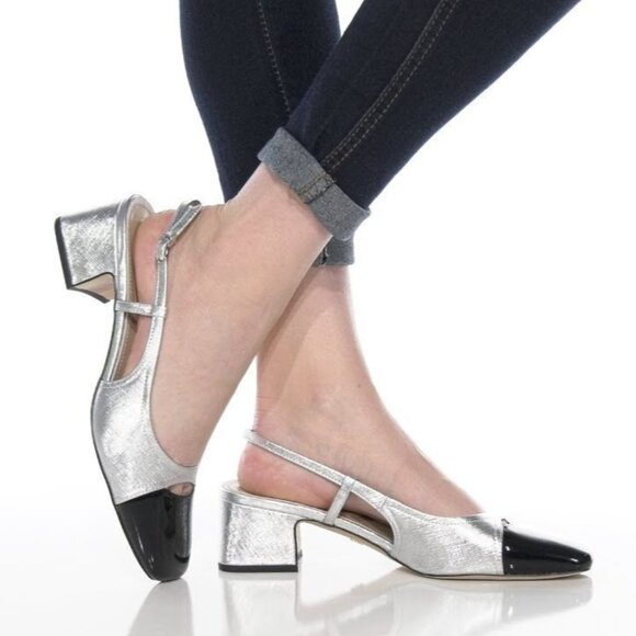 Sam Edelman Shoes - Sam Edelman Tarra Slingback Pump Heels Cap Toe Metallic Silver Black 9.5